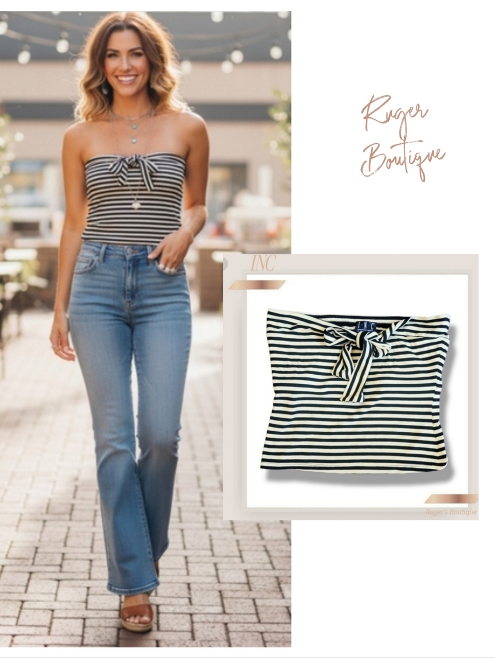 🌿I.N.C. Petites Women's Medium Yellow & Black Striped Bow Knot Tube Top